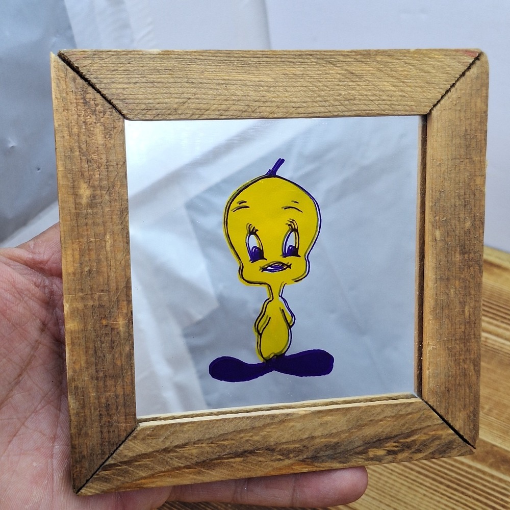 Vintage Mid Century Yellow Tweety Bird Painted On Mirror‎ wood frame 5"